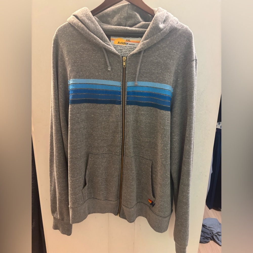 Aviator Nation Gray Zip-Up Hoodie with Blue Stripes
